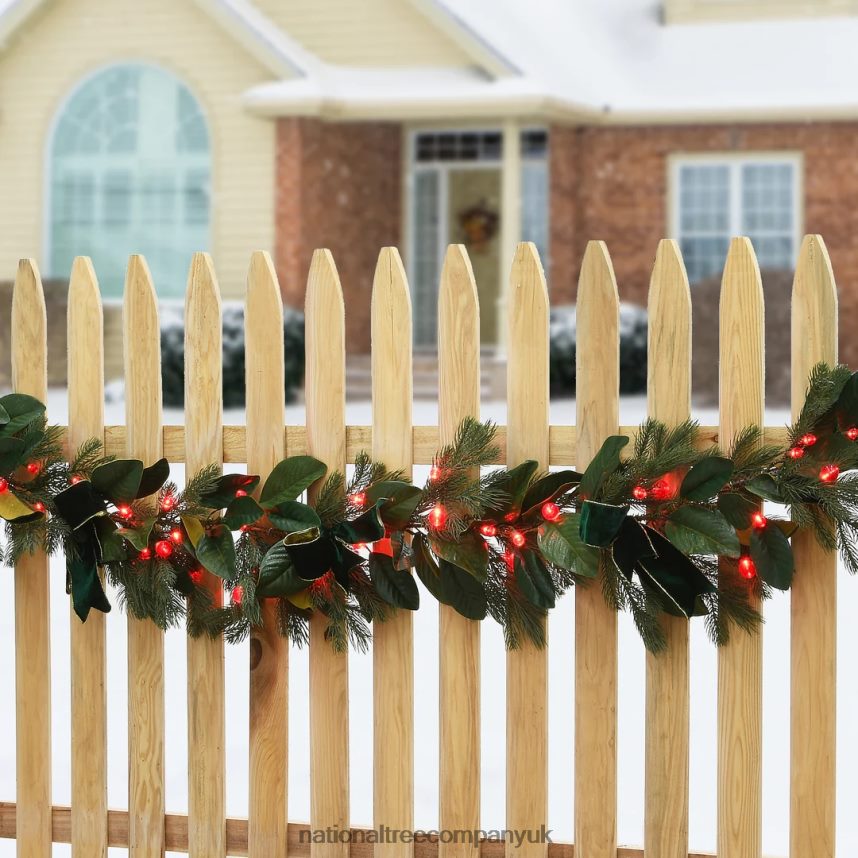 Greenery | National Tree Company Pre Lit Artificial Garland Magnolia Mix Green Decorated with Leafy Greens Red Berry LED Lights Battery Powered Christmas Collection 9 Feet F2L4F431